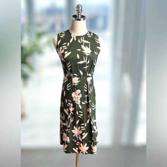 🔥 Marni Flounce Hem Floral Leaf Print Olive Green Dress Size 36 US size 0 - Picture 2 of 13